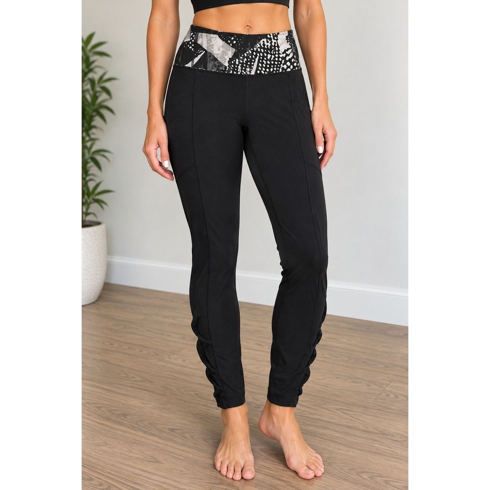 Lululemon Black Ruched Leggings Gray Print Waistband Pockets Size 4_213